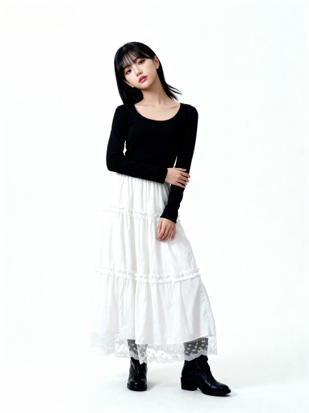 Elastic Waist Tiered Ruffles Long Inner Lace Skirt