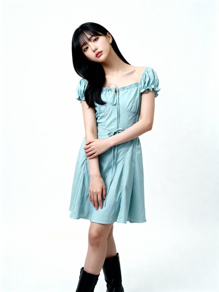 Multi Colour Puff Sleeves Knee Length Dress