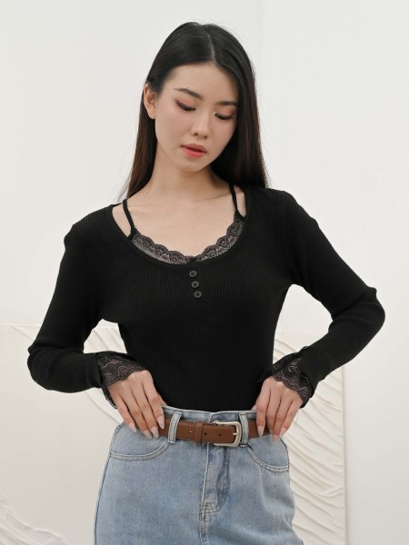 SMARTEN Evelyn Round Neck Lace Combi Knit Top