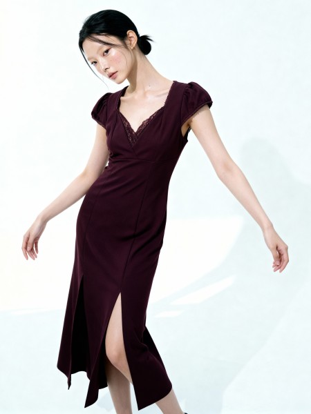 Natasha Lace V- Neck Split Midi Dress