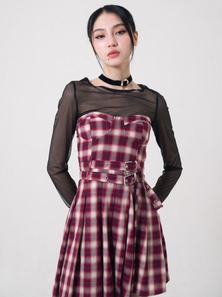 JR DITOX PADDED BRA CHECKERED ASYMMETRIC TUBE DRESS WITH BELT