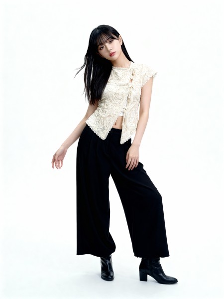 CNY Ribbon Tied Button Lace Top
