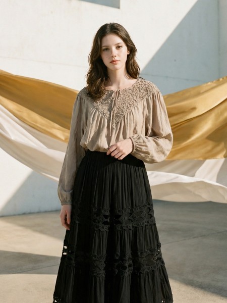 EID Tiered Stick Embroidery Maxi Skirt