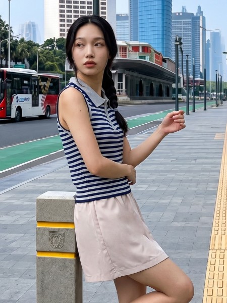 NRC Stripes Sleeveless Polo Zip Up Top