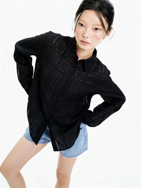 Pecan Grid Lines Embroidery Oversize Shirt