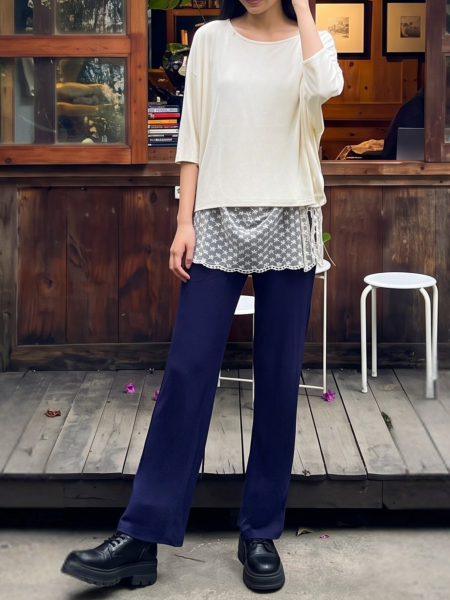 3pcsSet Loose OffShoulderTee-JerseyPants&Lace Acc