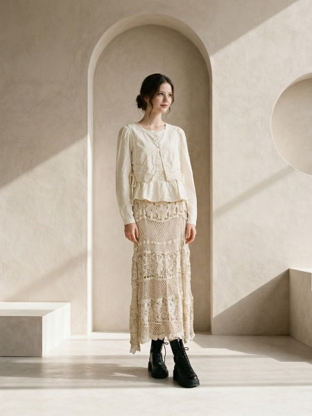EID Layered Side Tied Embroidery Cream Top