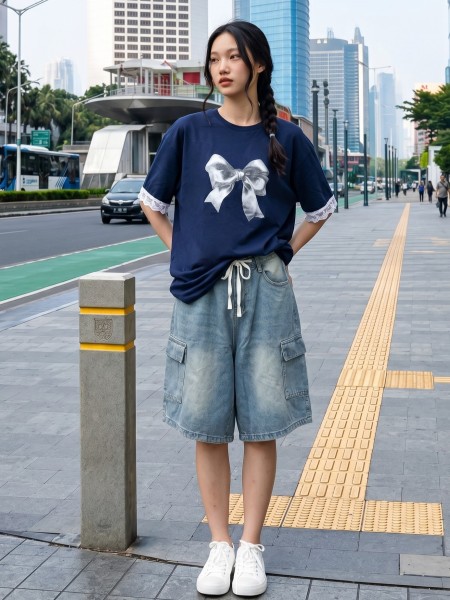 JR NRC Bow Print Lace Sleeves Tee