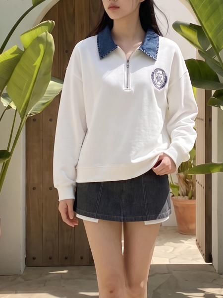 JR College Embroidery FMH Denim Collar Sweater