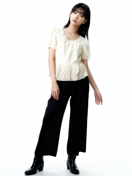 CNY Flower Embroidery Necklining Tied Top