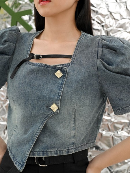 Taya Puff Sleeves Square Button Wash Denim Top