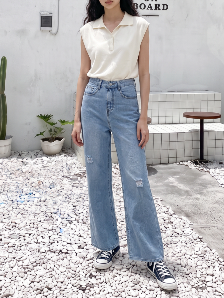 PG Light Denim Knee Ripped Semi Boot Cut Jeans