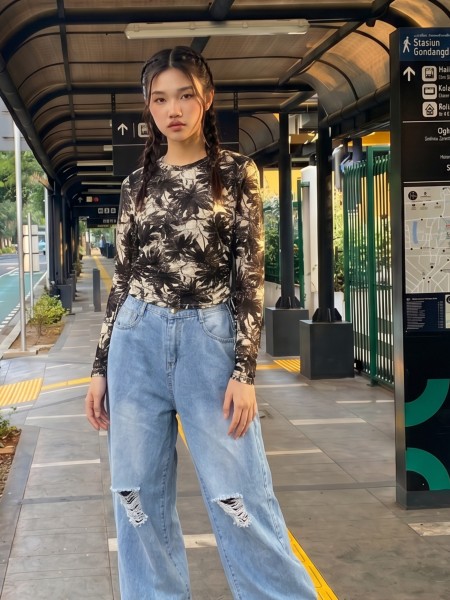 JR CORE NRC Flower Shadow Print Sheer Tee