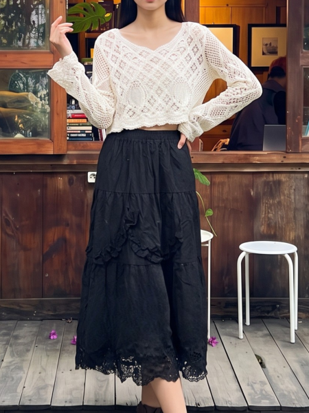 PG Crop Vintage Sleeves Hand-Knitted Top