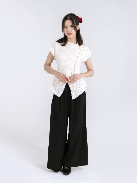 CNY Ribbon Tied Button Lace Top