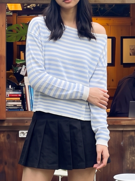 PG Blue Stripes Off Shoulder Knit Top