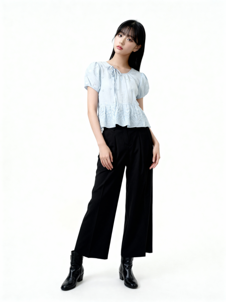 CNY Flower Embroidery Necklining Tied Top