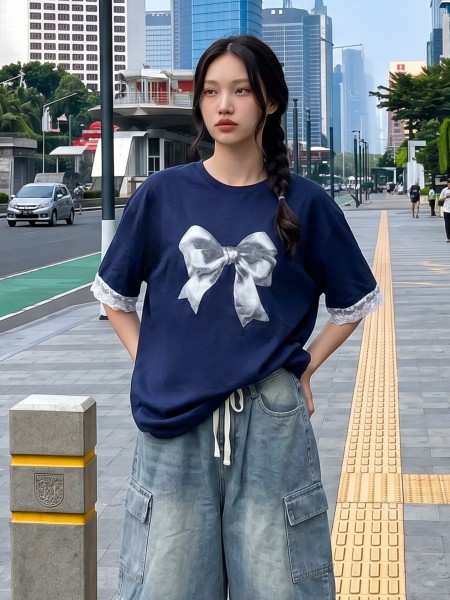 JR NRC Bow Print Lace Sleeves Tee