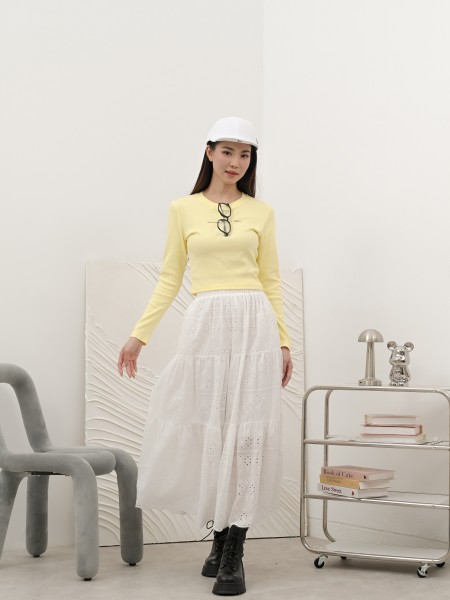 SMARTEN TieredElasticWaist Flower Eyelet Skirt R01