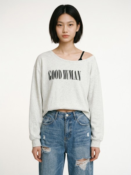 JR NRC Good Human Tremble Font Off Shoulder Sweatshirt
