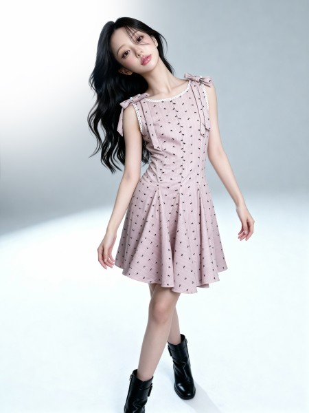 ELITE Pink Suede Ribbon Shoulder Bow Mini Dress