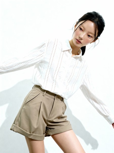 Pecan Grid Lines Embroidery Oversize Shirt