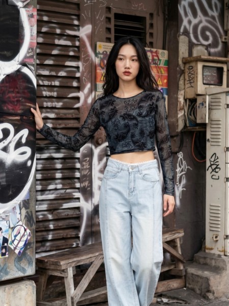 JR NRC High Waist Embeded Lace Edge Waist Light Denim Jeans