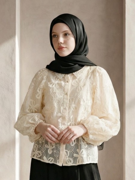 EID ELITE Bubble Sleeves Ribbon Embroidery Crochet Collar