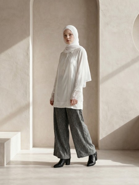 EID White Folded Cuffs with Front Pleats Tunic