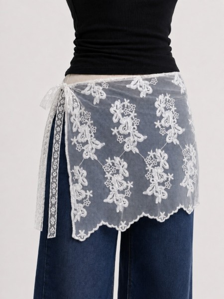 PG White Flower Embroidery Waist Tie Acc