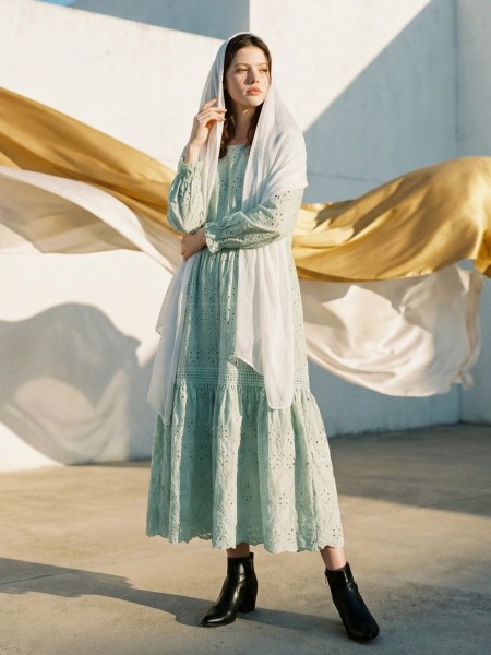 EID Alia Green Embroidery Tiered Midi Dress