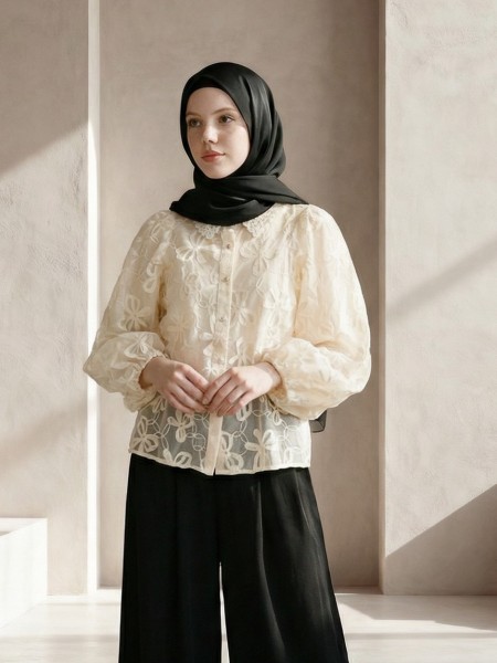 EID ELITE Bubble Sleeves Ribbon Embroidery Crochet Collar