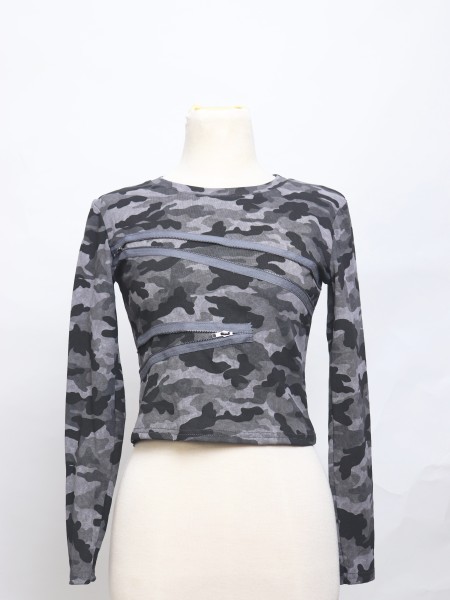 JR DITOX Zipper Army Pattern Long Sleeves Tee