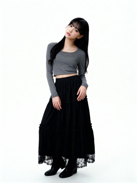 Elastic Waist Tiered Ruffles Long Inner Lace Skirt
