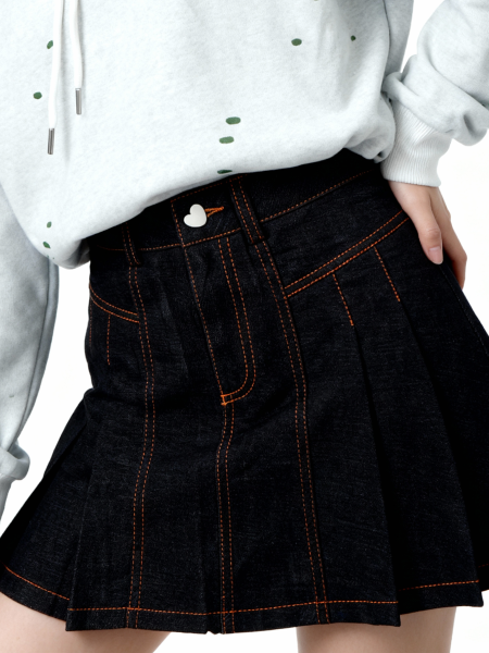 JR Heart Button Denim Pleats Skirt RO1