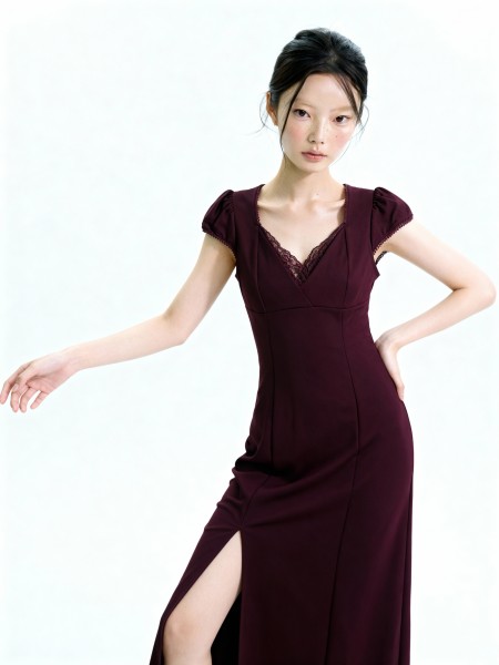 Natasha Lace V- Neck Split Midi Dress