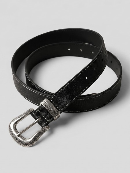 Engraved Silver Buckle Black  And Brown Belt