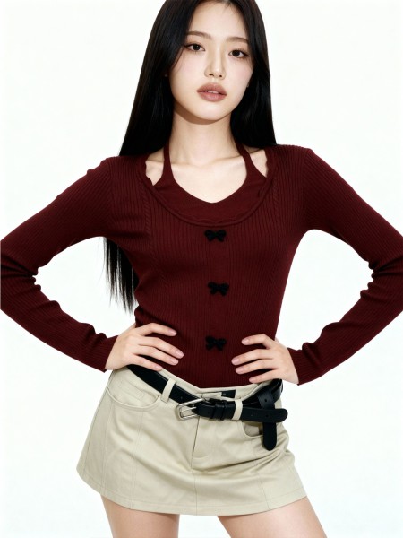 Astrid Halter Inner With Ribbon Button Knit Top