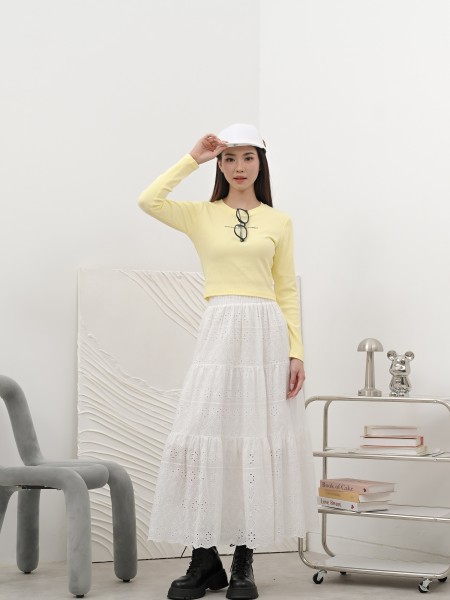 SMARTEN TieredElasticWaist Flower Eyelet Skirt R01