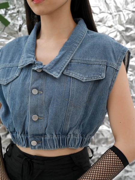 Elastic Waist Sleeveless Denim Top