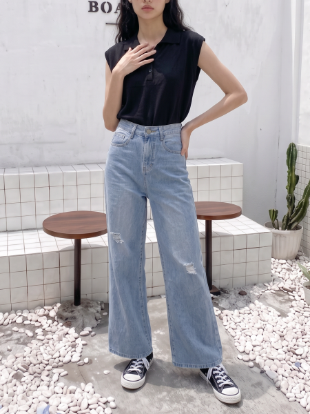 PG Light Denim Knee Ripped Semi Boot Cut Jeans
