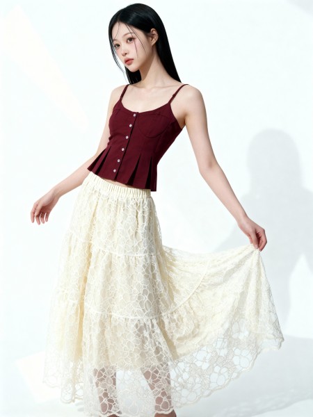 Himi Tiered Flower Embroidery Lace w/Inner Midi Skirt