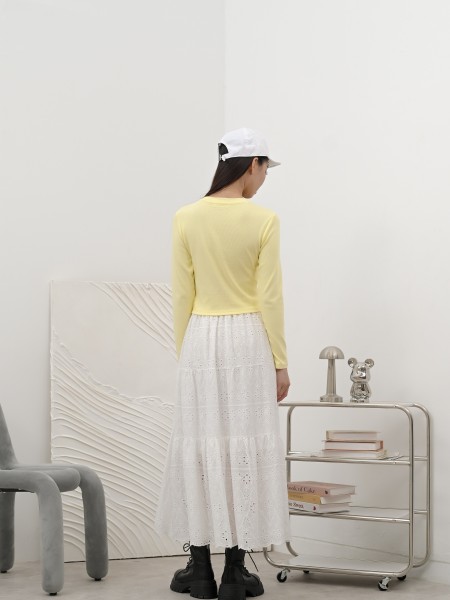 SMARTEN TieredElasticWaist Flower Eyelet Skirt R01