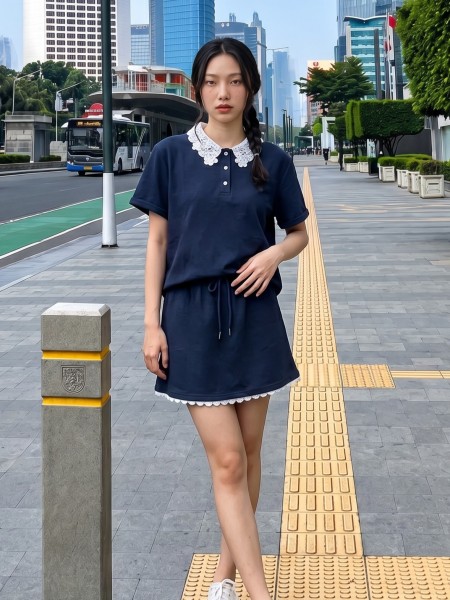 JR NRC 2pcs Set Lace Collar Polo & Lace Edge Skort