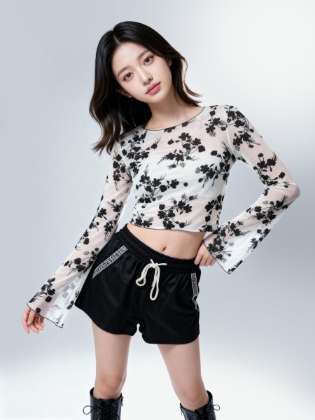 CORE Arista Flower Sheer Wide Sleeves Crop Tee
