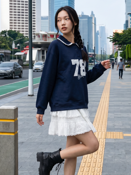 JR NRC Oversize 78 Lace Embroidery Polo Sweat Top