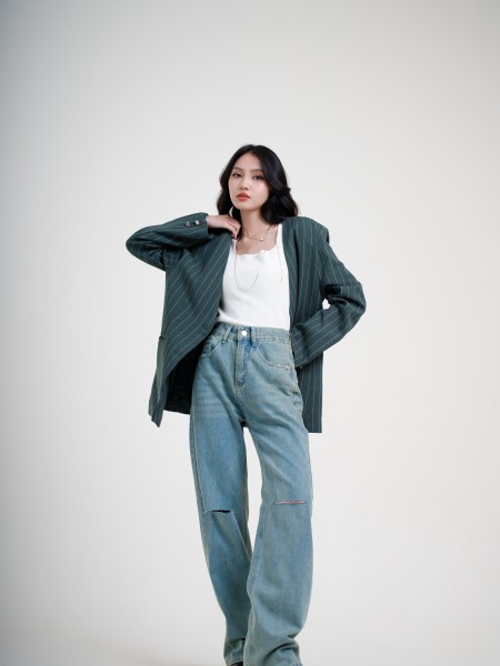 SMARTEN LINEN STRIPES OVERSIZE BLAZER