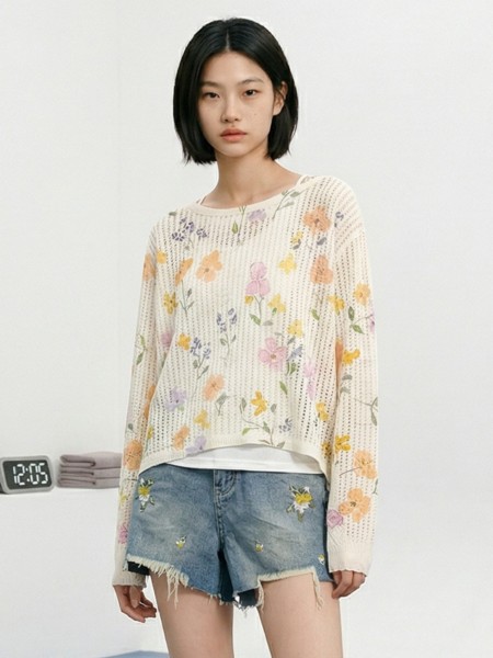JR NRC Wide Neck Flower Print Outer Tee