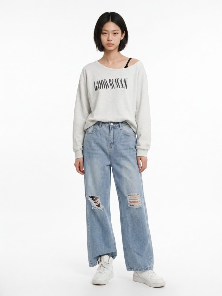 JR NRC Good Human Tremble Font Off Shoulder Sweatshirt