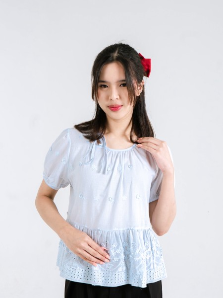 CNY Flower Embroidery Necklining Tied Top